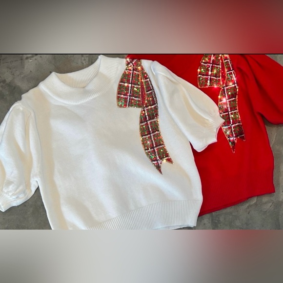SEQUIN HOLIDAY PLAID BOW SWEATER - Picture 3 of 4
